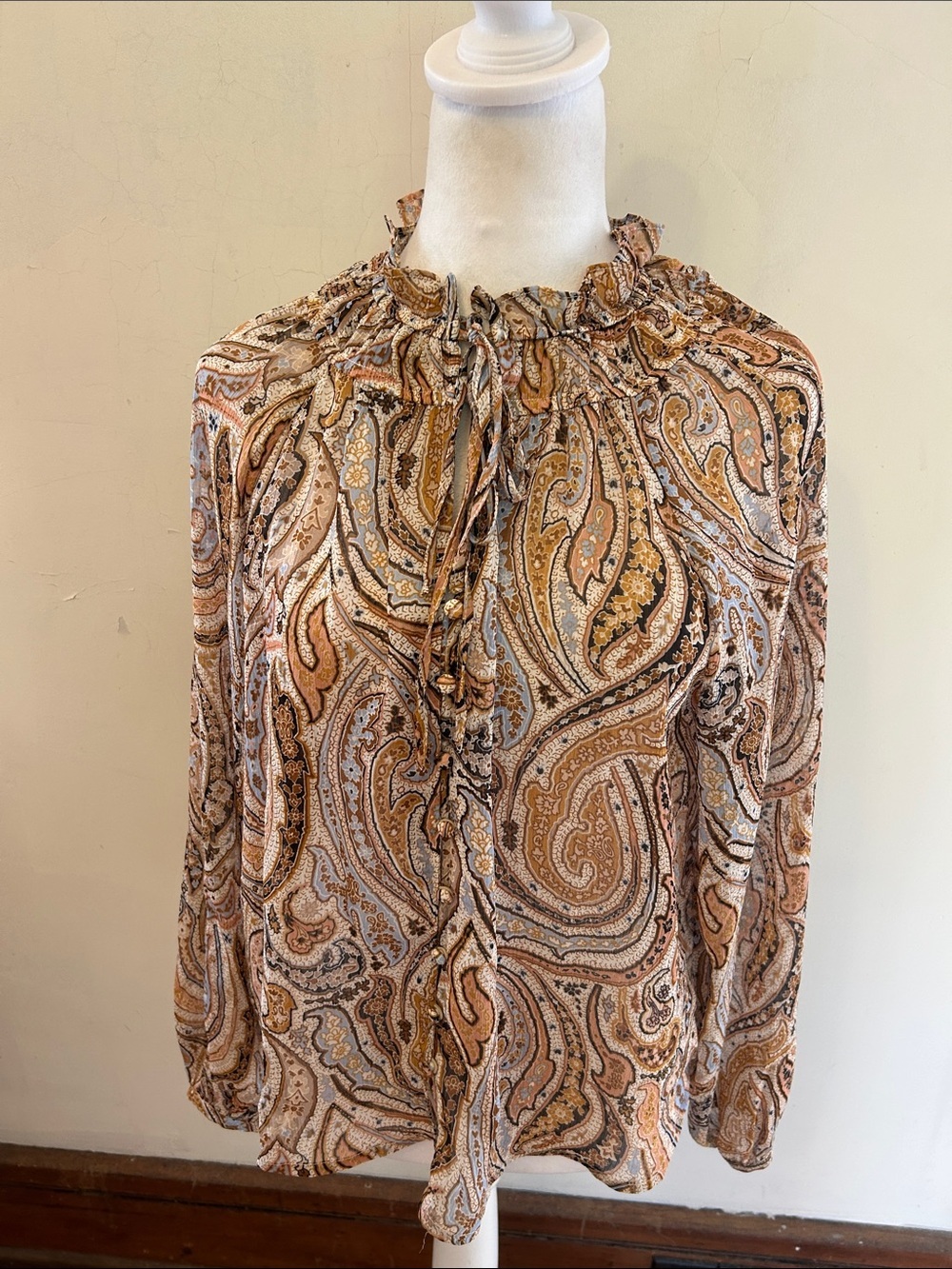 Haver & Blair Paisley Long-Sleeve Tie-Neck Blouse SizeM EUC